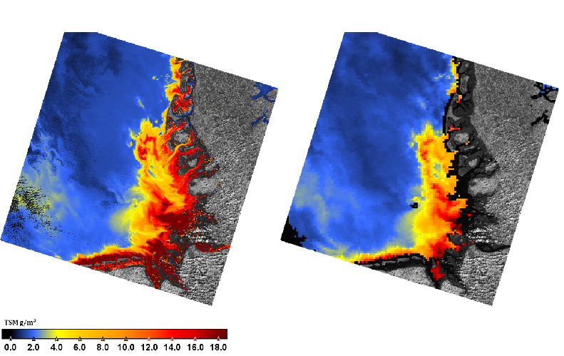 TSM concentration (g/m³) derived from Landsat8 (left) and MODIS (right)