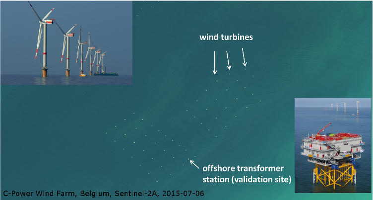 C-Power wind farm, Belgium. Sentinel-2, 2015-07-06.